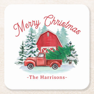 Merry Christmas Rustic Red Farmhouse Truck White Square Paper Coaster