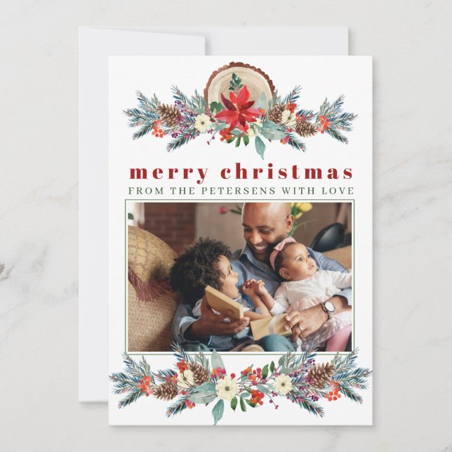 Merry Christmas rustic red floral family photo Holiday Card (Front)