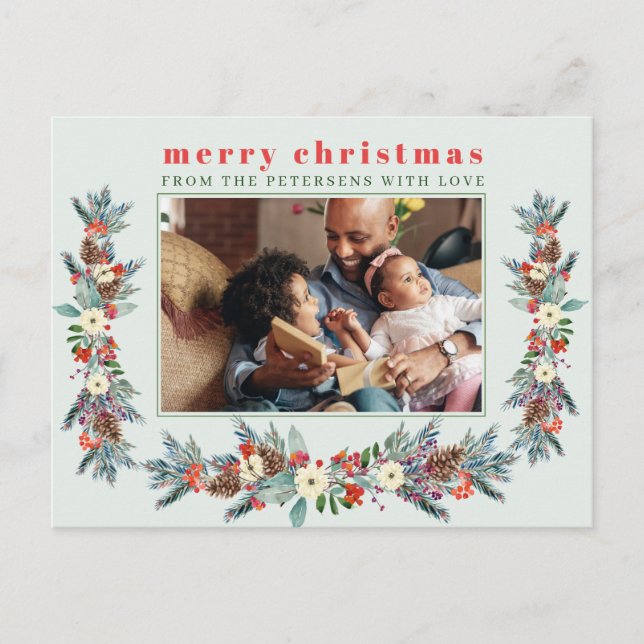 Merry Christmas rustic red floral family photo Holiday Postcard (Front)
