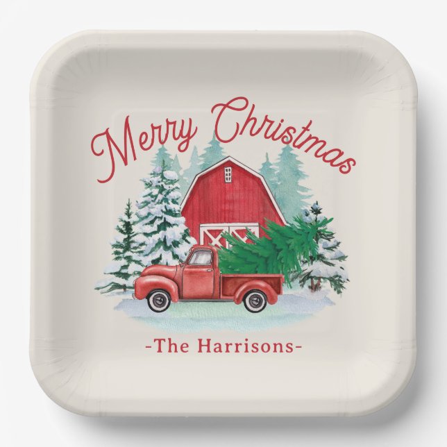  Merry Christmas Rustic Red Truck Ecru Paper Plate (Front)