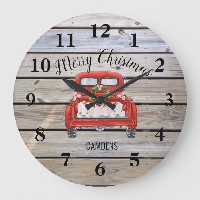 Merry Christmas Rustic Red Truck Family Name  Large Clock (Front)