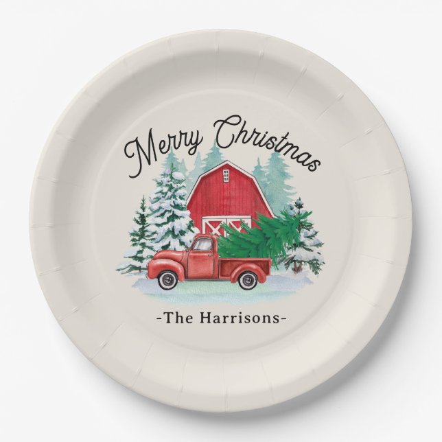  Merry Christmas Rustic Red Truck Farmhouse Round Paper Plate (Front)