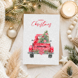 Merry Christmas Rustic Red Truck Flat Holiday Card