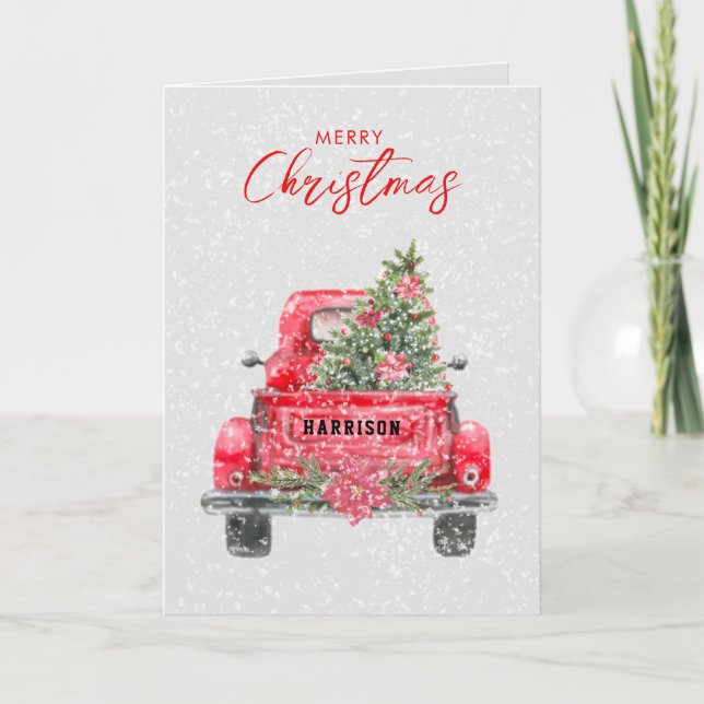 Merry Christmas Rustic Red Truck Holiday Card (Front)