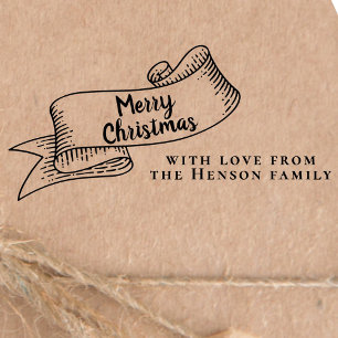 Merry Christmas Rustic Ribbon Family Greeting Rubber Stamp