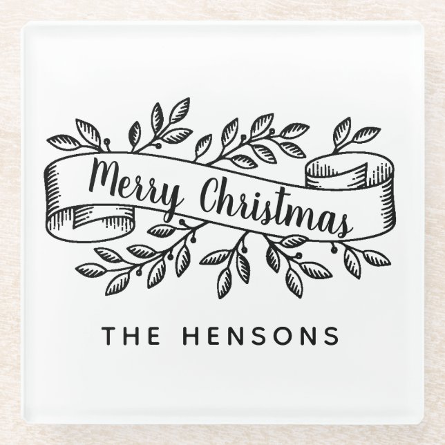 Merry Christmas Rustic Ribbon Family Name Glass Coaster (Front)
