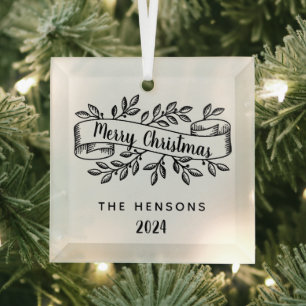 Merry Christmas Rustic Ribbon Family Name Glass Tree Decoration
