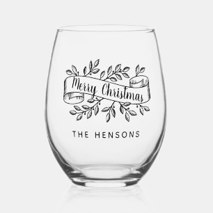 Merry Christmas Rustic Ribbon Family Name Stemless Wine Glass