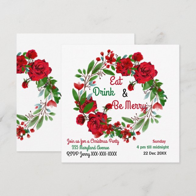 Merry Christmas Rustic Roses Watercolor Wreath  (Front/Back)