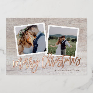 Merry Christmas Rustic Script 2 Photo Gold Foil Holiday Card
