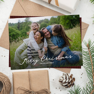 Merry Christmas rustic script red plaid photo Holiday Card
