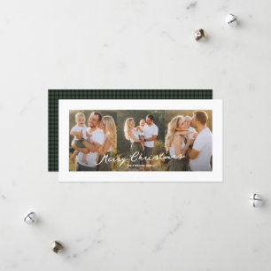 Merry Christmas rustic script three photo Holiday Card