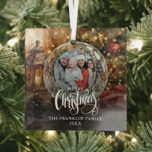 Merry Christmas Rustic Snow Globe Photo Glass Tree Decoration