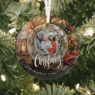 Merry Christmas Rustic Snow Globe Photo Glass Tree Decoration