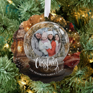 Merry Christmas Rustic Snow Globe Photo Tree Decoration Card