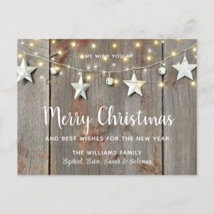 Merry Christmas Rustic Stars and Lights on Wood Postcard