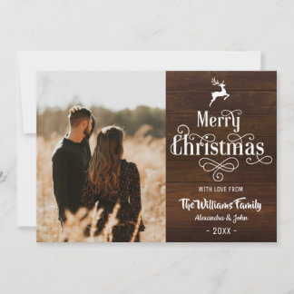 Merry Christmas Rustic Typography Wood Photo Holiday Card
