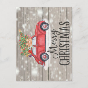 Merry Christmas Rustic Vintage Car Presents Tree Postcard
