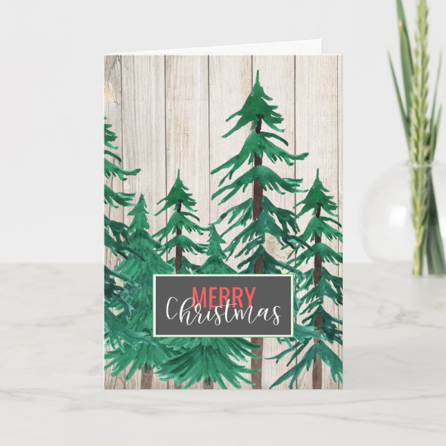Merry Christmas Rustic Watercolor Pine Trees Holiday Card (Front)
