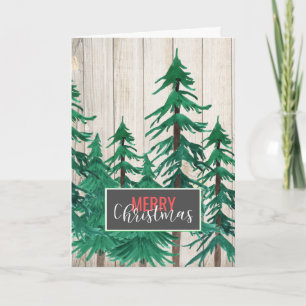 Merry Christmas Rustic Watercolor Pine Trees Holiday Card