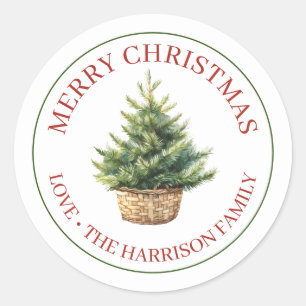Merry Christmas Rustic Watercolor Tree In Basket Classic Round Sticker