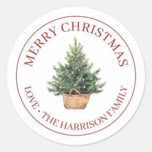 Merry Christmas Rustic Watercolor Tree In Basket Classic Round Sticker