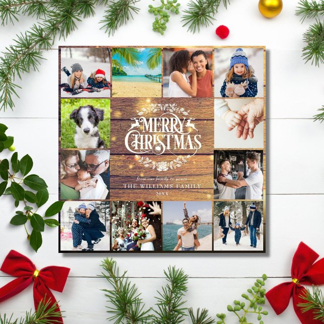 Merry Christmas Rustic Wood 12 Photo Collage Holiday Card (Creator Uploaded)