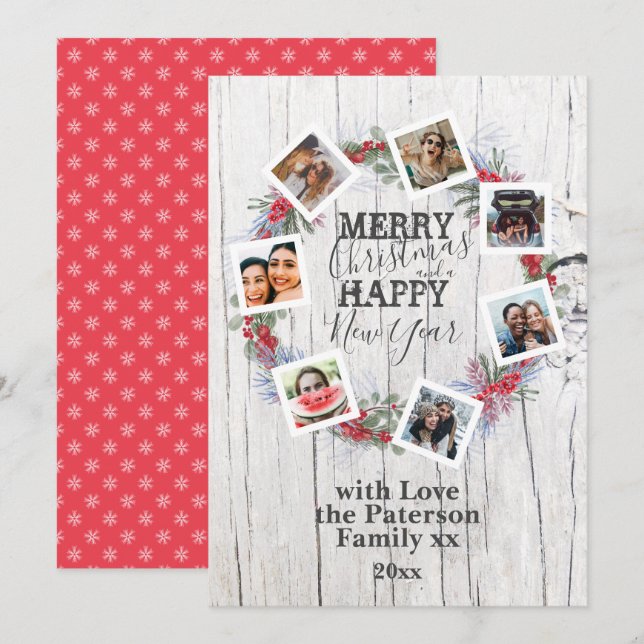 Merry Christmas Rustic Wood 7 Photo Wreath  Holiday Card (Front/Back)