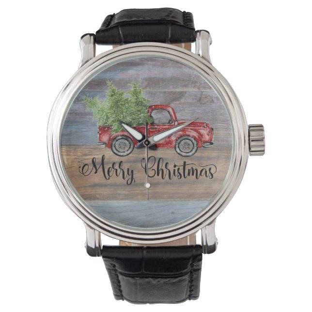 Merry Christmas Rustic Wood And Cute Red Truck Watch (Front)