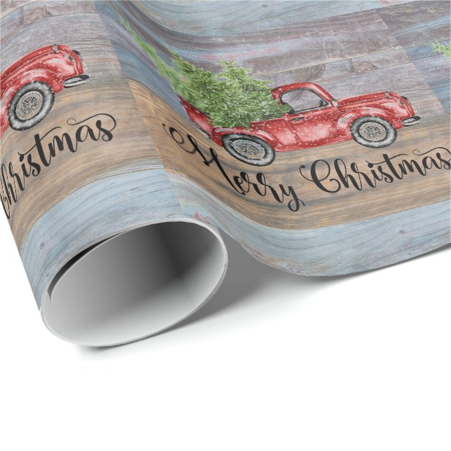 Merry Christmas Rustic Wood And Cute Red Truck Wrapping Paper (Roll Corner)