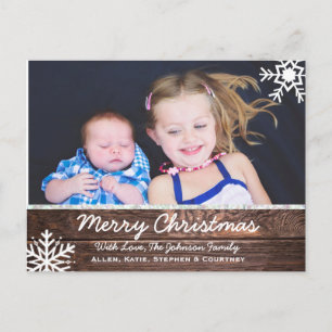 Merry Christmas Rustic Wood and Snowflakes Custom Postcard