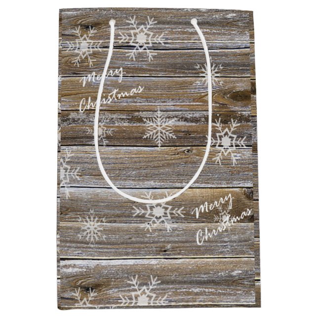 Merry Christmas Rustic Wood and Snowflakes Medium Gift Bag (Front)