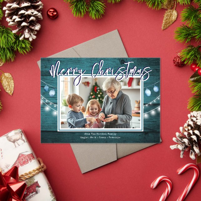Merry Christmas Rustic Wood Family Photo Acrylic Invitations (Insitu (Holiday))