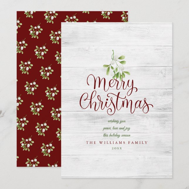 Merry Christmas Rustic Wood Mistletoe Burgundy Holiday Card (Front/Back)