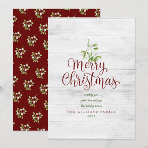 Merry Christmas Rustic Wood Mistletoe Burgundy Holiday Card