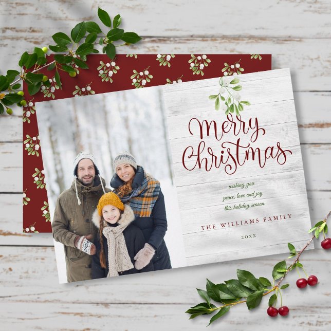 Merry Christmas Rustic Wood Mistletoe Photo Holiday Card (Merry Christmas Rustic Wood Mistletoe Photo Holiday Card)