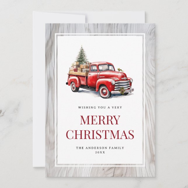Merry Christmas Rustic Wood Red Truck Cards (Front)
