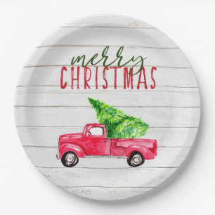 Merry Christmas Rustic Wood Red Truck Vintage cute Paper Plate