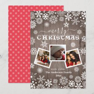 Merry Christmas Rustic Wood Snowflake 3 Photo Holiday Card