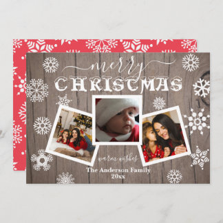 Merry Christmas Rustic Wood Snowflake 3 Photo Holiday Card