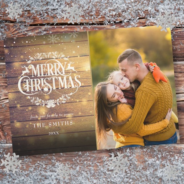 Merry Christmas Rustic Wood Snowflakes Photo Holiday Card (Merry Christmas Rustic Wood Snowflakes Photo Holiday Card)