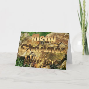 Merry Christmas Rustic Wood Tree Trunk Grass Photo Holiday Card