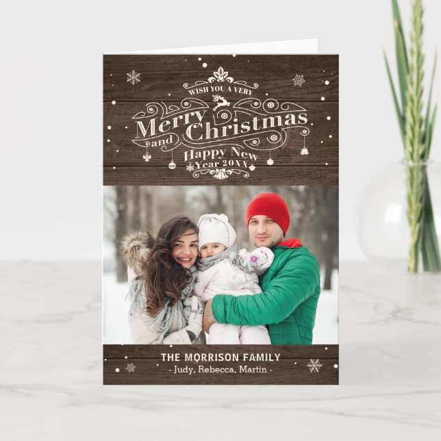 Merry Christmas Rustic Wood Typography Photo Holiday Card (Front)