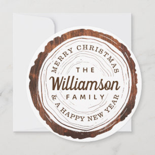 Merry Christmas Rustic Woodgrain Tree Slice Holiday Card