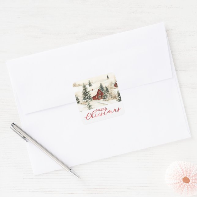 Merry Christmas Rustic Woodland Cabin Holiday Square Sticker (Envelope)