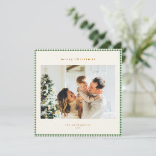 Merry Christmas Sage Green Gingham Border Photo Holiday Card