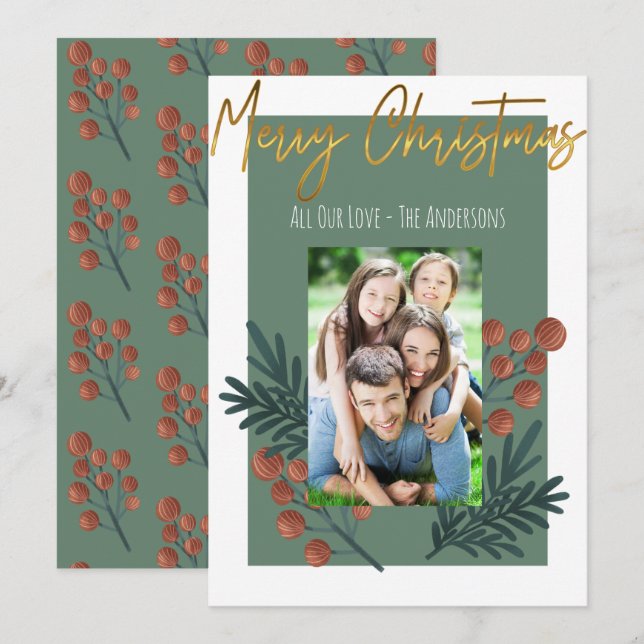 Merry Christmas Sage Green Photo Flat  Holiday Card (Front/Back)