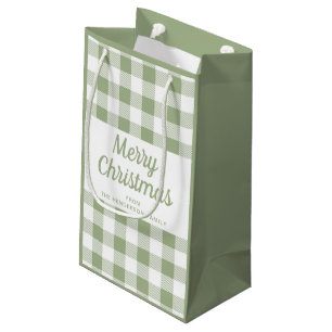 Merry Christmas Sage Green Plaid Small Gift Bag