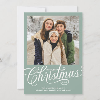 Merry Christmas Sage Green Script Family Photo Holiday Card