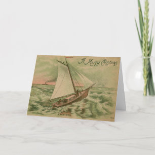 Merry Christmas, Sailboat 1908 Vintage Holiday Card
